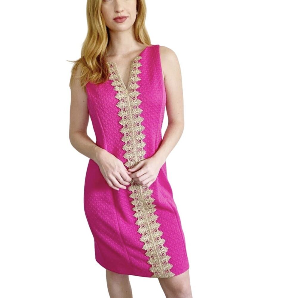 Pappagallo Preppy Brook Shift Dress Hot Pink Metallic Gold 10